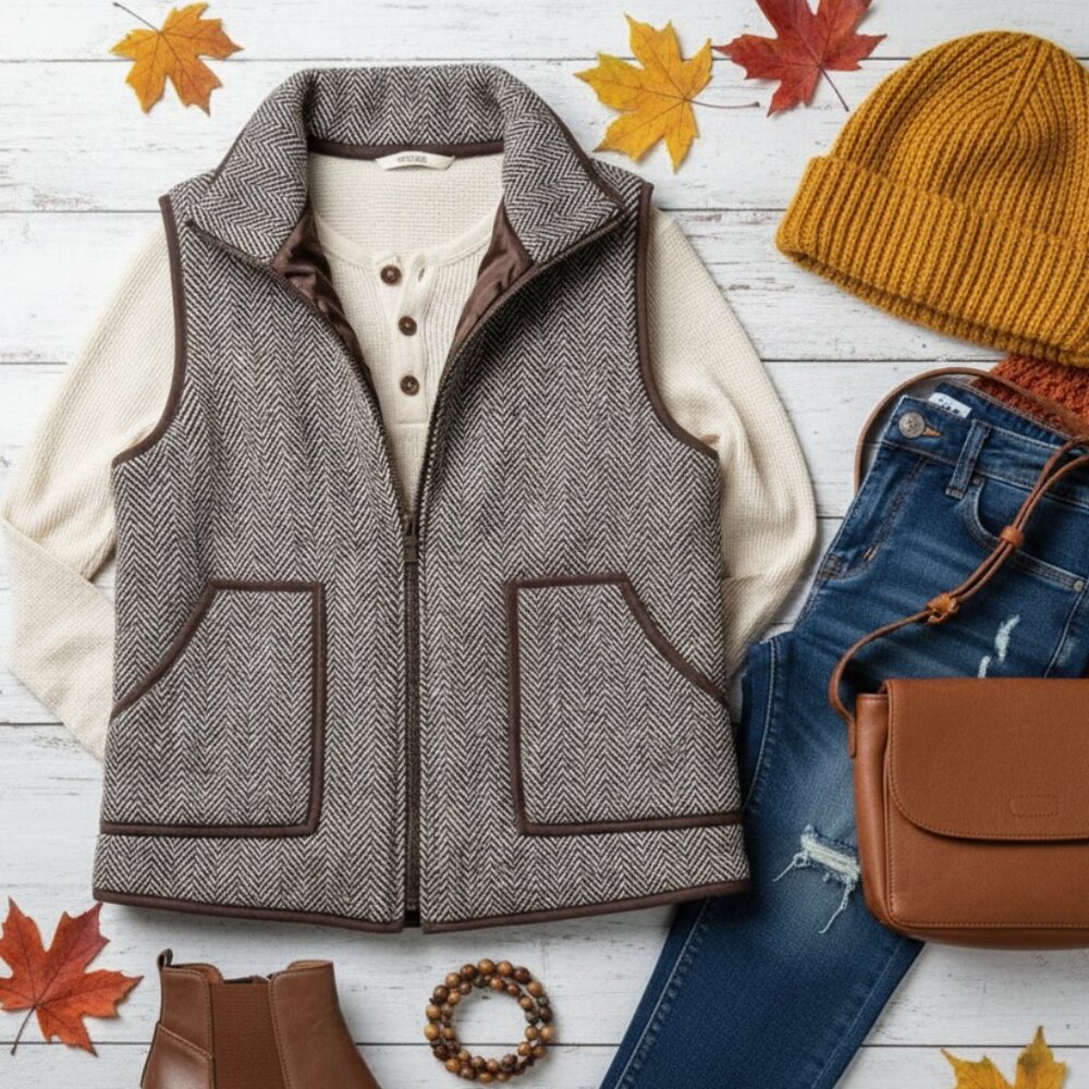 Wishlist Brown & White Herringbone Quilted Wool Blend Vest